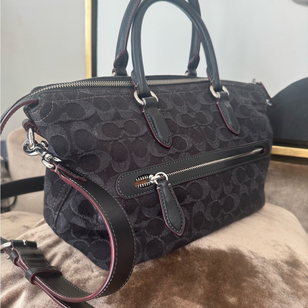 COACH Cara denim with Calfskin shoulder bag - Picture 5 of 12